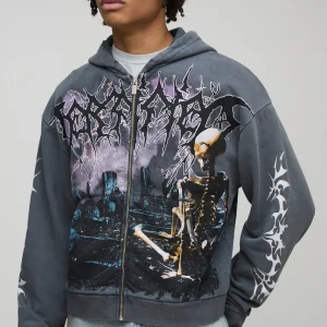 Charcoal Oversized Boxy Premium BHM Gothic Washed Printed Zip Through Hoodie