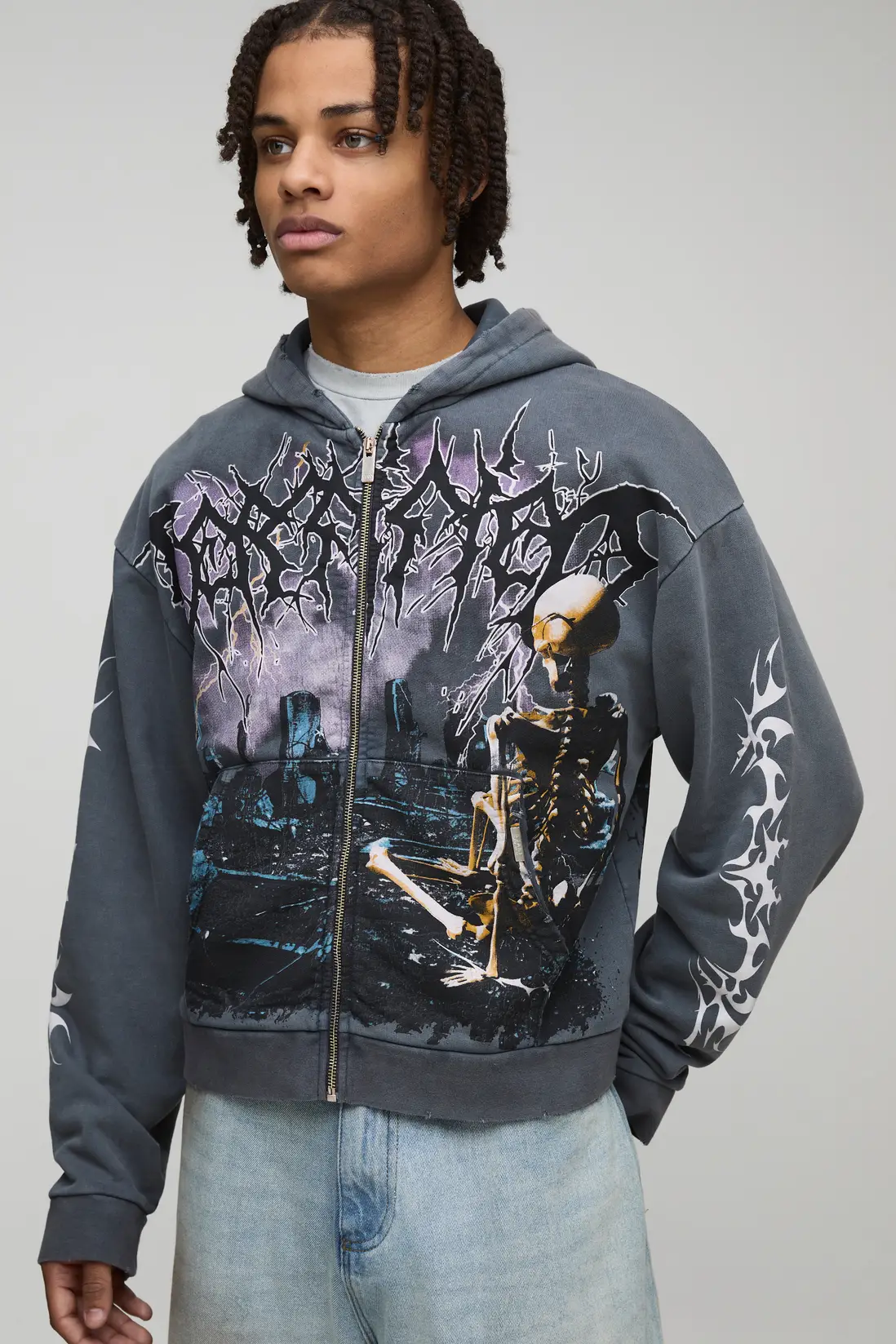 Charcoal Oversized Boxy Premium BHM Gothic Washed Printed Zip Through Hoodie