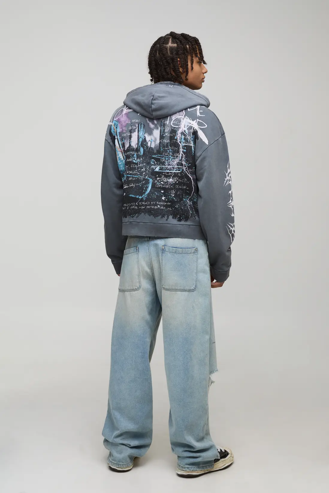 Charcoal Oversized Boxy Premium BHM Gothic Washed Printed Zip Through Hoodie - Image 2