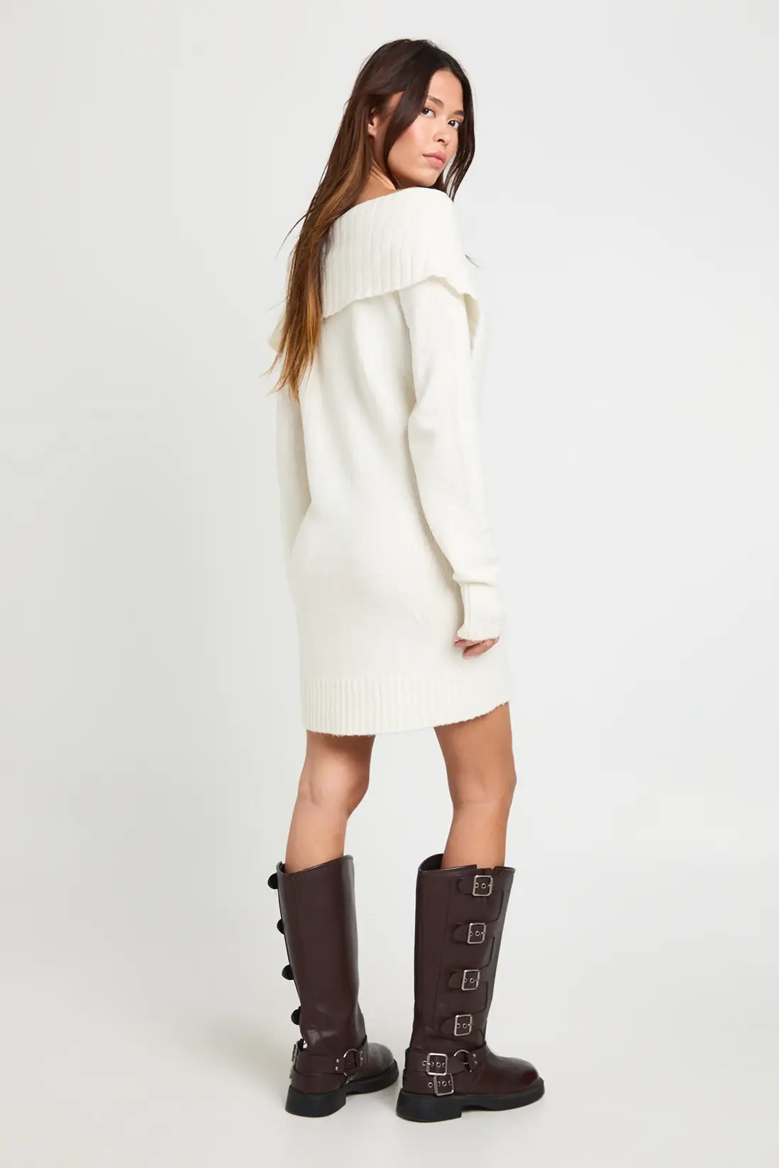 Soft Knit Oversized Collar Off The Shoulder Jumper Dress - Image 2