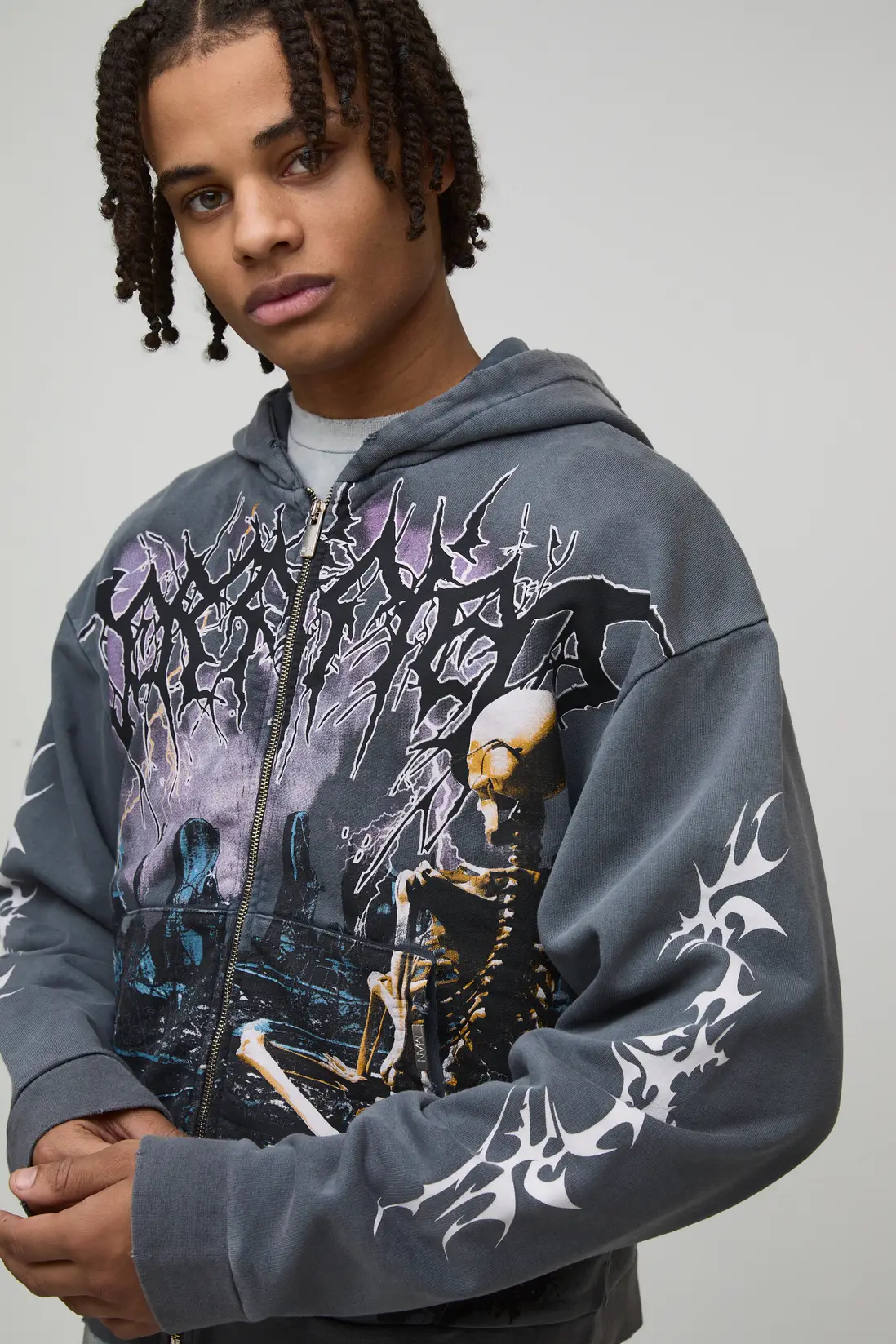 Charcoal Oversized Boxy Premium BHM Gothic Washed Printed Zip Through Hoodie - Image 3