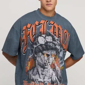 Slate Grey Oversized Extended Neck Ofcl Man Gothic Over Seams Heavyweight Premium Graphic T-Shirt