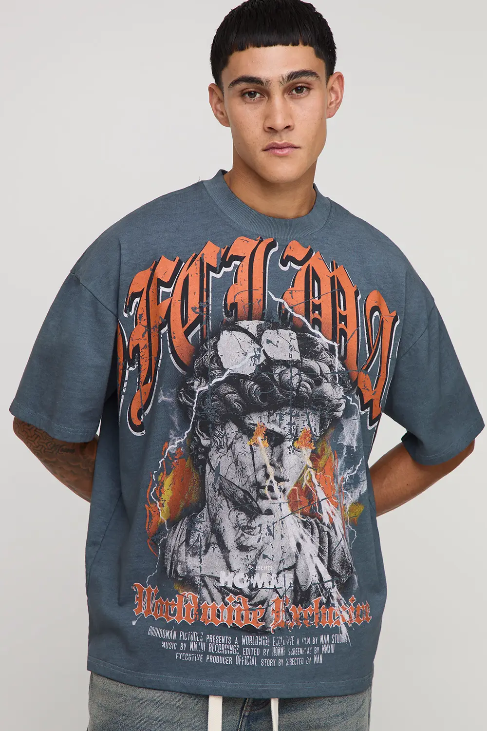 Slate Grey Oversized Extended Neck Ofcl Man Gothic Over Seams Heavyweight Premium Graphic T-Shirt