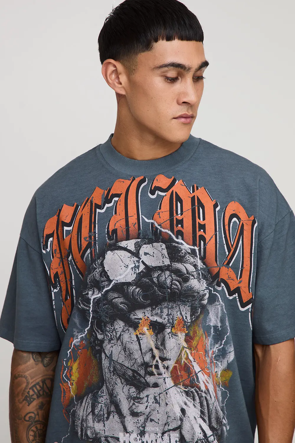 Slate Grey Oversized Extended Neck Ofcl Man Gothic Over Seams Heavyweight Premium Graphic T-Shirt - Image 3