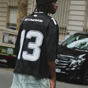 Oversized Boxy Mesh Varsity V Neck Hockey Top