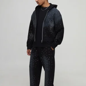 Shrunken Fit Rhinestone Washed Zip Through Hoodie