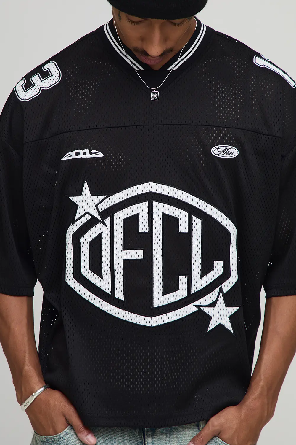 Oversized Boxy Mesh Varsity V Neck Hockey Top - Image 3