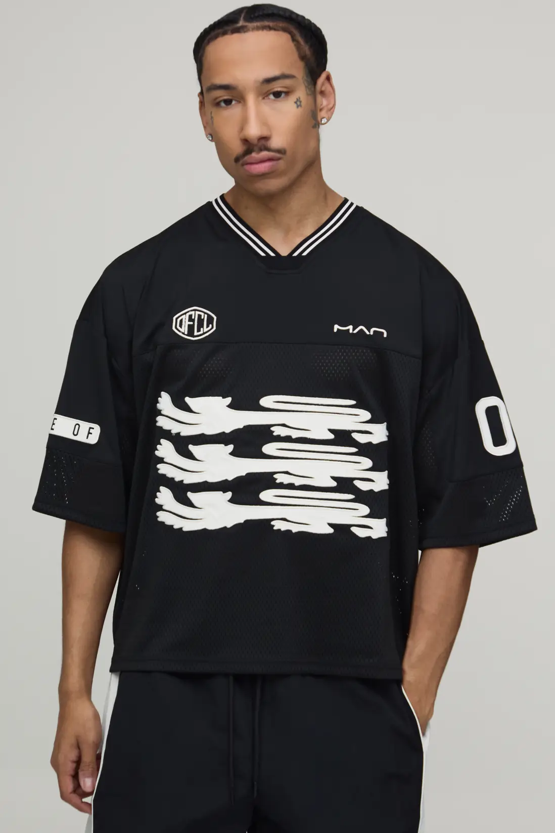 Oversized Boxy One Of One Applique V-Neck Baseball Sports Top