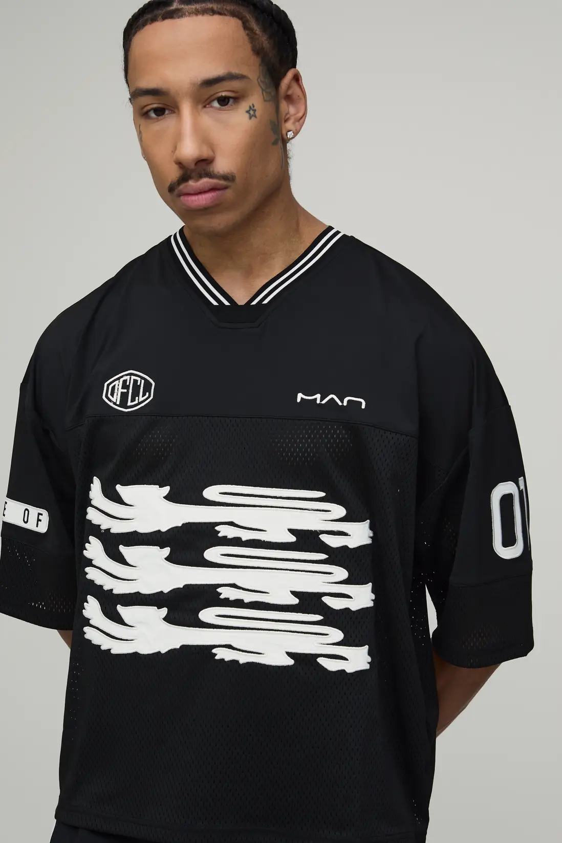 Oversized Boxy One Of One Applique V-Neck Baseball Sports Top - Image 3
