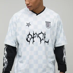 Oversized Grunge Varsity Rhinestone Checkboard Mesh Faux T-Shirt