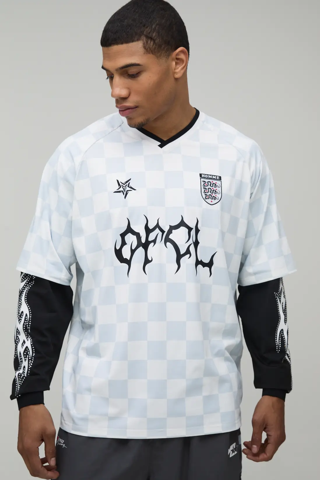 Oversized Grunge Varsity Rhinestone Checkboard Mesh Faux T-Shirt