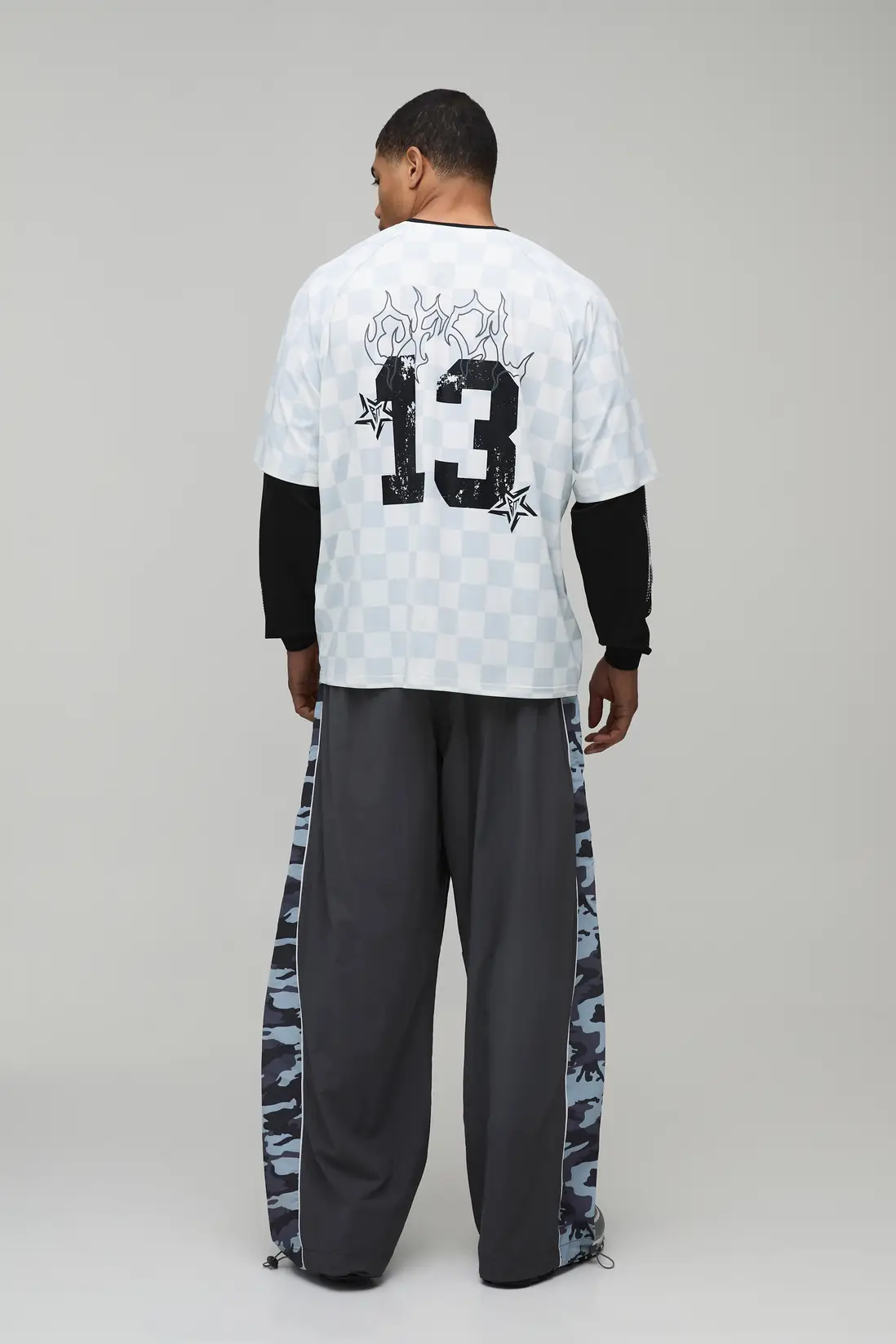 Oversized Grunge Varsity Rhinestone Checkboard Mesh Faux T-Shirt - Image 2