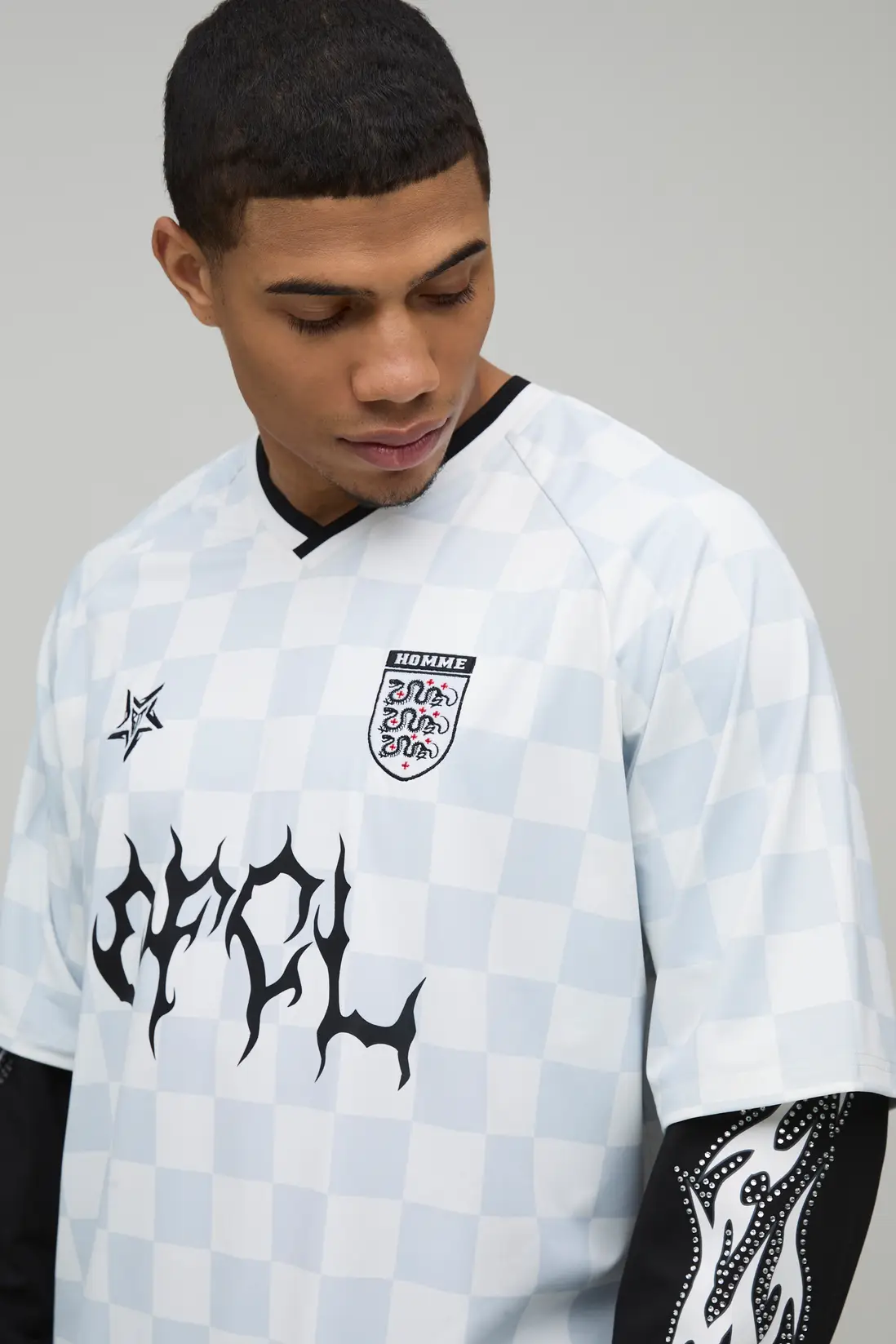 Oversized Grunge Varsity Rhinestone Checkboard Mesh Faux T-Shirt - Image 3