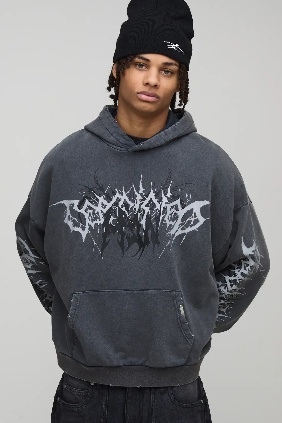 Charcoal Oversized Boxy Premium Man Tattoo Acid Wash Printed Hoodie
