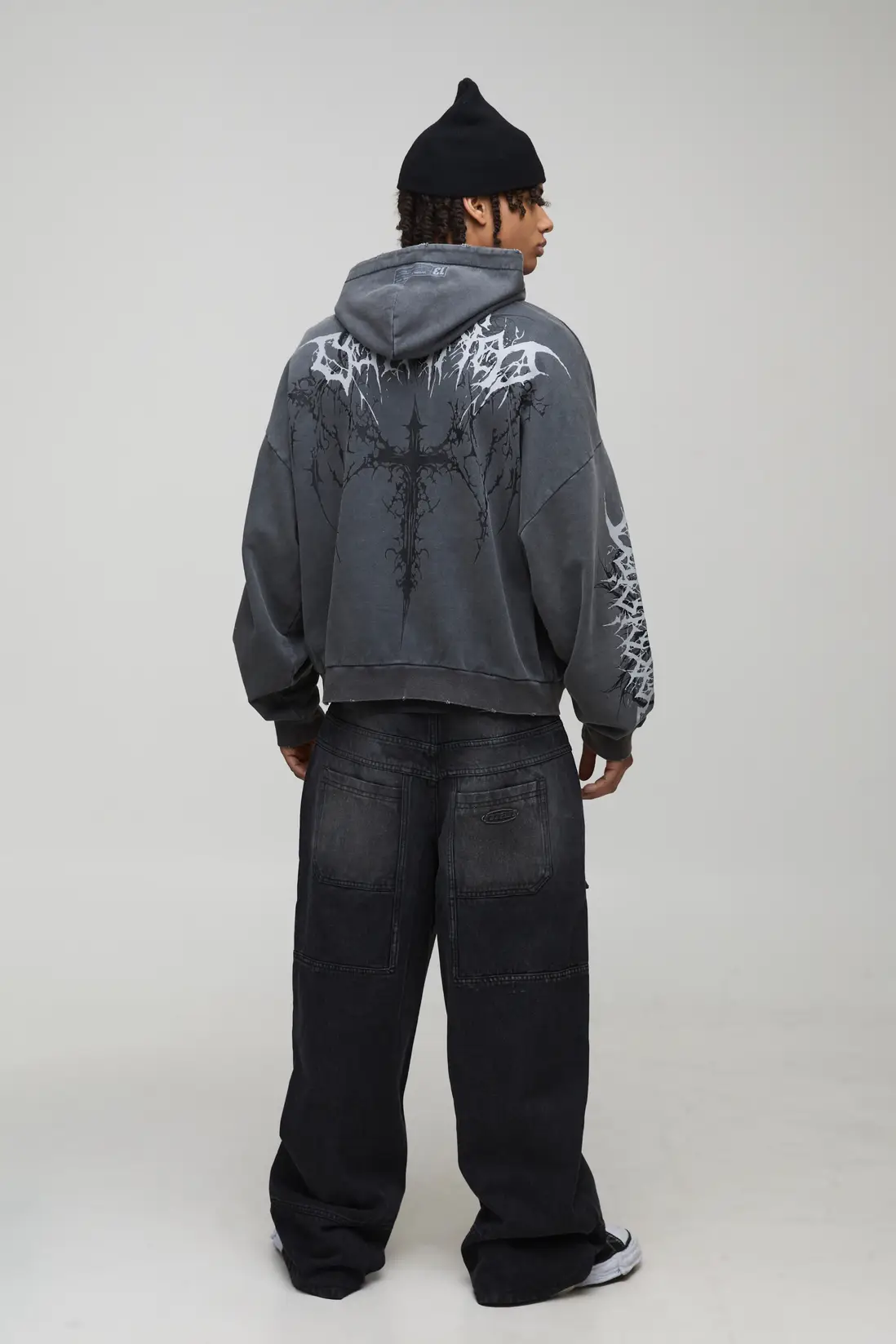 Charcoal Oversized Boxy Premium Man Tattoo Acid Wash Printed Hoodie - Image 2