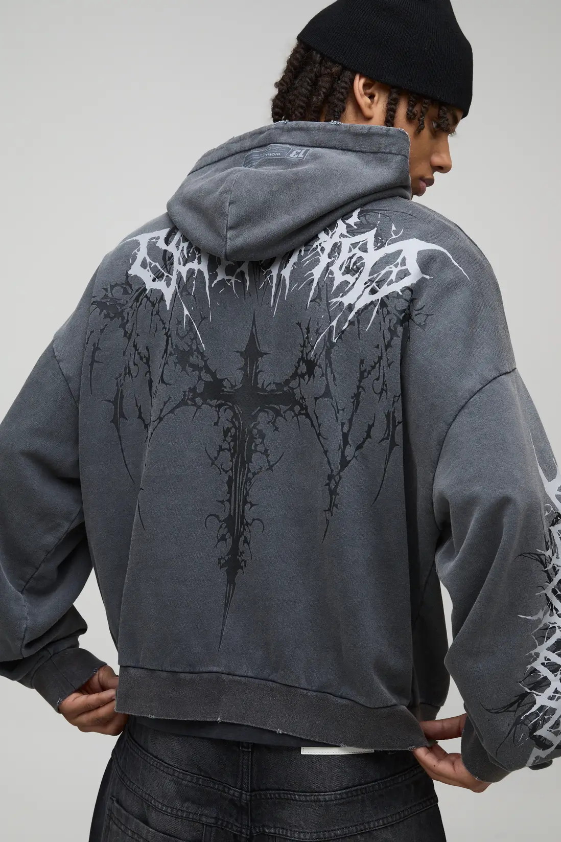 Charcoal Oversized Boxy Premium Man Tattoo Acid Wash Printed Hoodie - Image 3